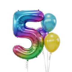Rainbow colored number five balloons isolated on transparent background