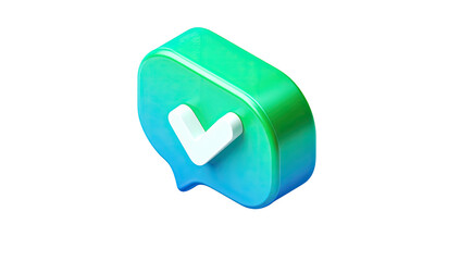 Isometric, gradient-colored speech bubble, with a checkmark inside, isolated on a black background