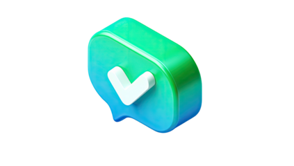 Isometric, gradient-colored speech bubble, with a checkmark inside, isolated on a black background