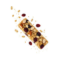 Granola bar with nuts and dried fruits isolated on transparent background