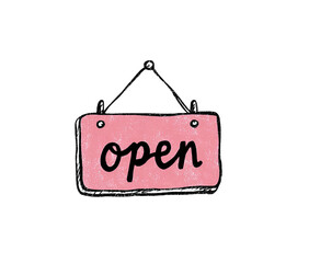 Cartoon-style, pink "open" sign with black chain against a black background