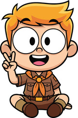 Cute cartoon scout boy sitting and making peace sign illustration, smiling child character in uniform, playful flat vector style, kids education, friendly mascot design