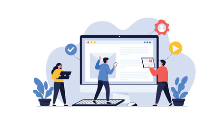 Creative team collaborating on digital content and task management tasks around a large office computer monitor together.