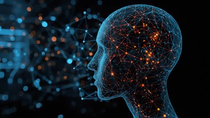 Futuristic digital human head wireframe network glowing with neural connection and abstract data - Powered by Adobe