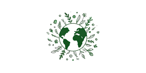 Earth icon surrounded by green leaves on a black background, representing environmentalism