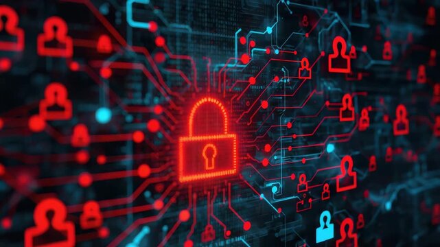 Red digital padlock network cybersecurity data protection security with user nodes and threat icons