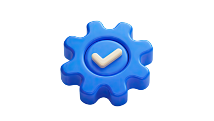 A 3D rendered image of a blue gear with a cream-colored checkmark inside, isolated on black