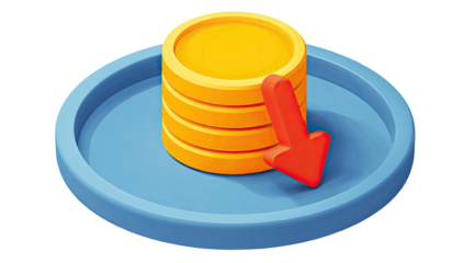 3D-rendered illustration of a stack of golden coins on a blue platform with a downward red arrow
