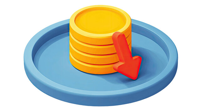 3D-rendered illustration of a stack of golden coins on a blue platform with a downward red arrow