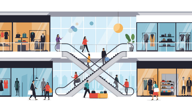 Wide view of a busy multi-story shopping mall with people using escalators and visiting various retail store fronts.