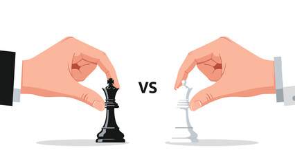 Two hands in business suits moving a black king and white queen on a surface during a strategic chess game competition.