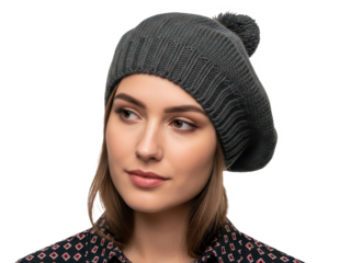Young woman wearing a cozy gray knitted beret with a pompom on top isolated on transparent background