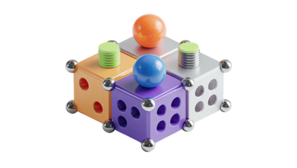 3D-rendered geometric construction featuring a cube with spheres and colorful surfaces