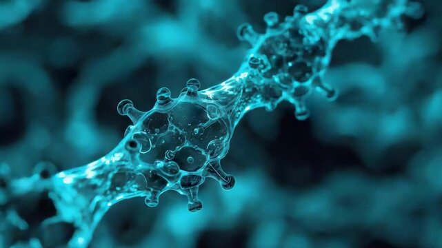 Glowing cyan microscopic polymer chain with bulbous molecular nodes filament, blue microscopic
