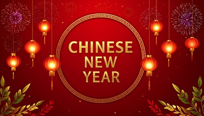 Chinese New Year celebration with red lanterns, fireworks, and golden text in traditional festive design on red background