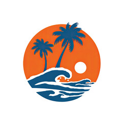 A circular illustration showcases ocean waves, palm trees, and a setting sun on an orange background
