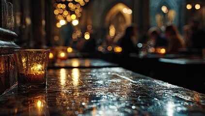 Obraz premium Romantic close-up of a lit candle on a reflective table; blurred figures in the background