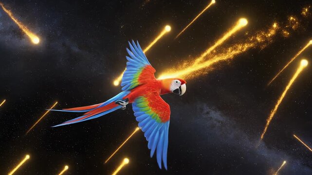 Vibrant Macaw Parrot Flying Through Fireworks Explosion at Night.