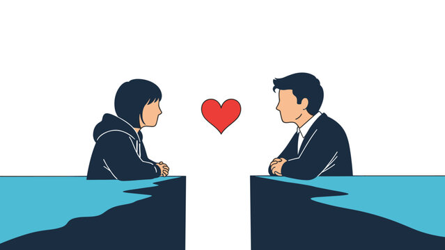 Young man and woman sitting across from each other at separate tables with a red heart symbol between them for a first date.