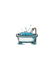 Cartoon bathtub filled with bubbly blue water, a shower head and water stream