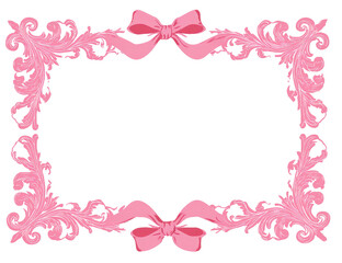 Delicate, ornate, pink rectangular frame with bows at top and bottom edges