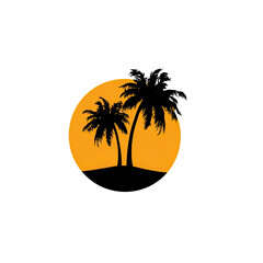 Silhouetted palm trees against a warm orange sun over a dark landscape