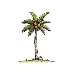 Digitally rendered cartoon palm tree with coconuts, set against a stark black background