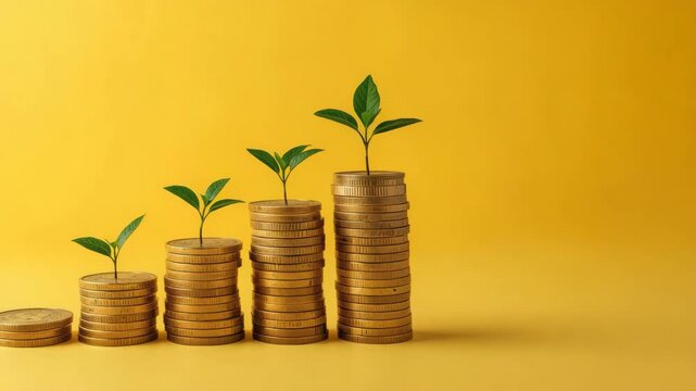 Young plant sprouts rising from stacked coin piles with seedlings and gold coin growth signaling