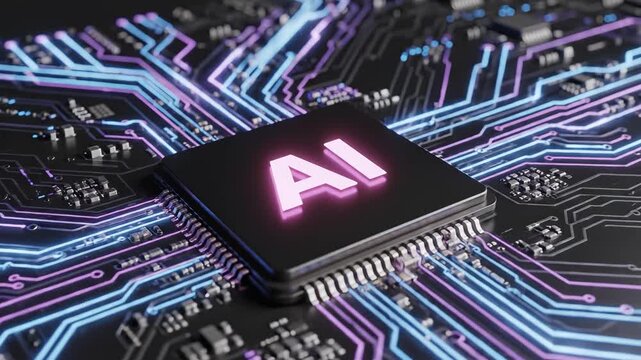 AI chip on circuit board with glowing lines