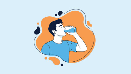 Illustration of a young man drinking a glass of fresh water with abstract blue and orange shapes in the background, promoting hydration.