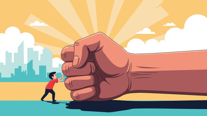 Concept of struggle and resistance featuring a small man pushing against a giant clenched fist with a city skyline and sun rays behind.