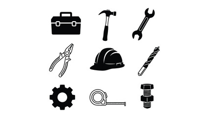 Obraz premium A collection of black and white icons representing various tools and equipment