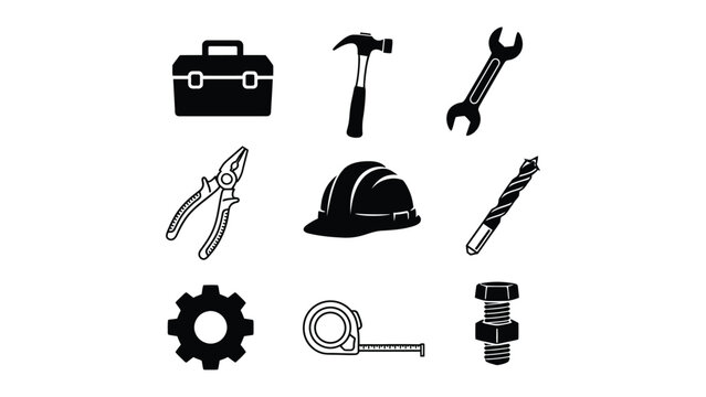 A collection of black and white icons representing various tools and equipment