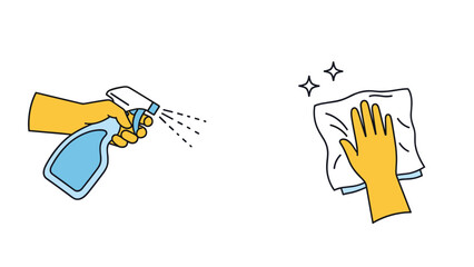 Hand holding a spray bottle to apply disinfectant while another hand wipes a surface clean with a white cloth for hygiene.