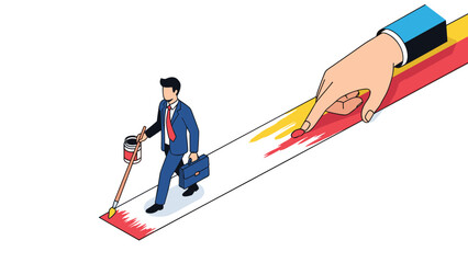 Career guidance concept showing a small businessman painting his own path while a giant hand helps color the road for his success.
