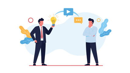 Professional colleagues engaging in a collaborative discussion about a new creative idea represented by a glowing lightbulb icon.