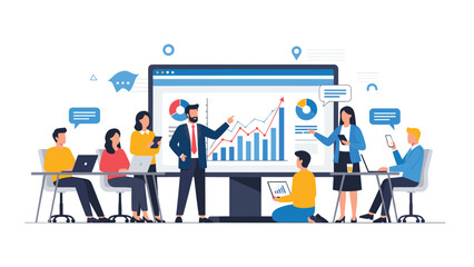 Diverse business team collaborating in a modern office to analyze performance data and growth charts displayed on a large digital monitor.