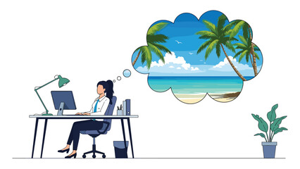 Exhausted female office worker sitting at her desk and daydreaming about a relaxing vacation on a tropical beach with palm trees.