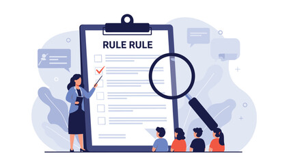 Compliance officer using a pointer to explain corporate regulations and guidelines on a large rule checklist with a magnifying glass.