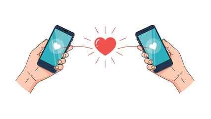 Online dating concept featuring two hands holding smartphones that are connected by a glowing red heart icon on a white background.