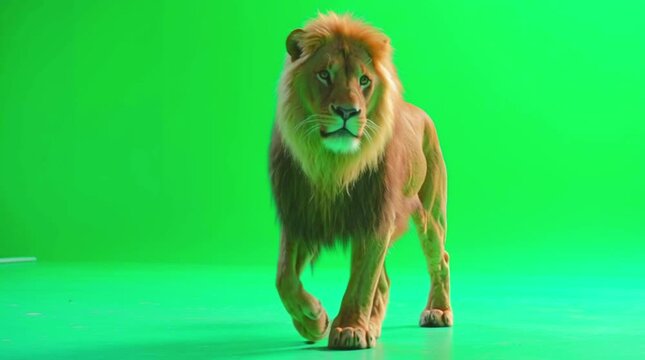 This proud male lion displaying a glorious mane walks slowly and deliberately on a bright green screen background.