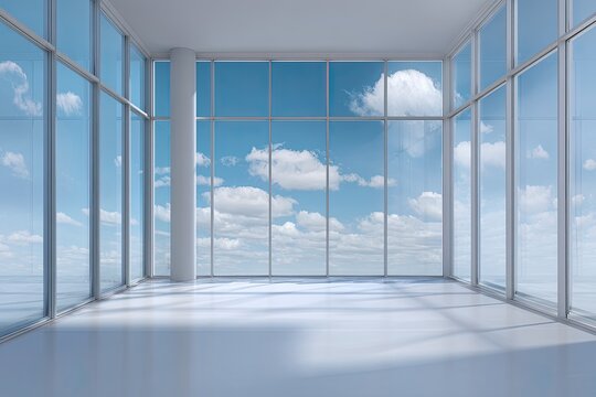 Empty minimalist modern room with expansive glass windows showcasing a sunny sky and clouds