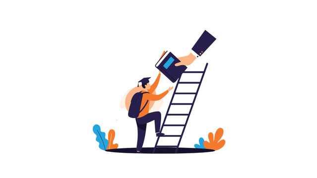 Educational support concept showing a graduate climbing a ladder to receive a book from a giant hand representing mentorship and help.