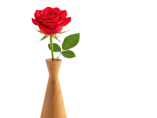 Single red rose in a wooden vase isolated on transparent background
