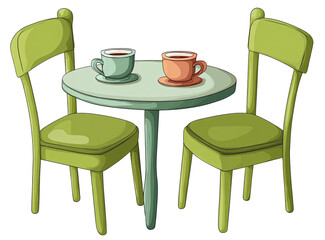 Cartoon depiction of a small round table with two chairs and two cups of tea