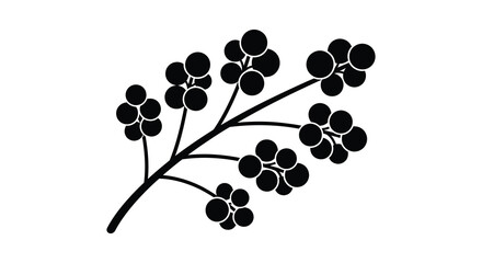 a striking black floral branch illustration with detailed circular blossoms and a distinct silhouette design