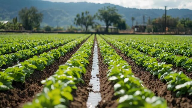 Young vegetable seedling irrigation furrow farm field vegetable rows sunlight peaceful rural growth