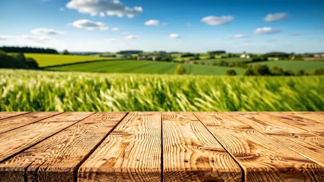 Rustic wooden table with an empty surface for display, overlooking vibrant green fields and a blue sky in the tranquil countryside