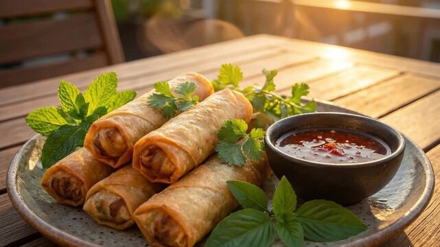 Crispy fried spring rolls with dipping sauce and fresh herbs on a wooden table in golden sunlight