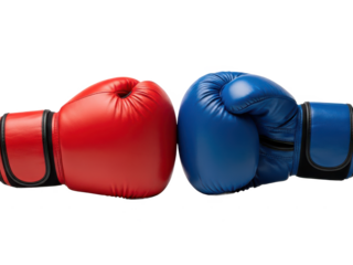 Red and blue boxing gloves facing each other in confrontation pose isolated on transparent background